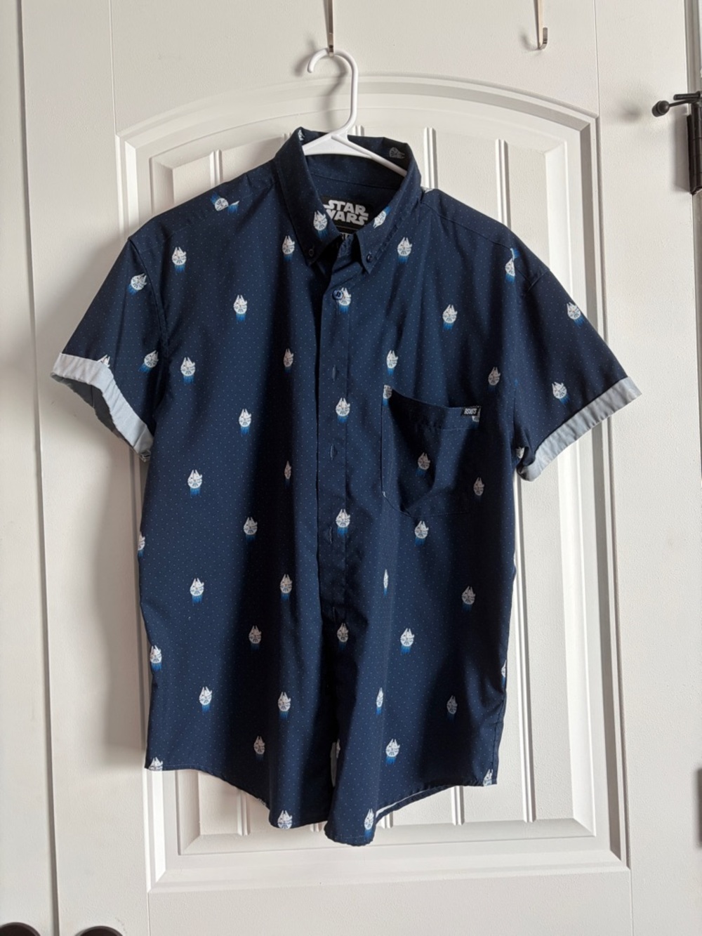 RSVLTS Men's Navy Short Sleeve Button-Down Shirt with Light Blue and White Icons